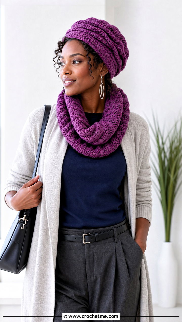 Crochet Turban Hat And Cowl Scarf With Long Cardigan - 25 crochet hat scarf outfit ideas