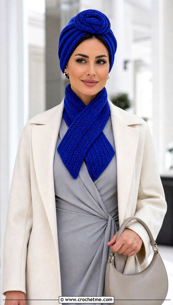 Crochet Turban Hat And Crisscross Scarf With Wrap Dress - 25 crochet scarf hat combo outfit ideas