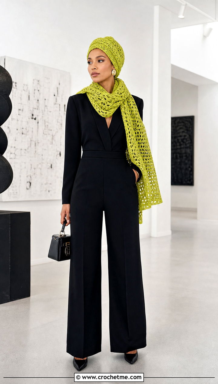 Crochet Turban Hat And Draped Scarf With Tailored Jumpsuit - 35 crochet hat and scarf set outfit ideas