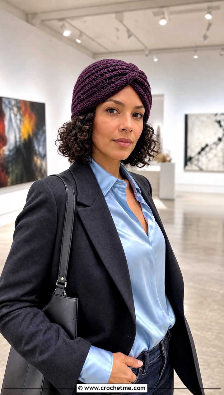 Crochet Turban Hat With Curly Bob And Satin Blouse - 30 crochet hat with hair outfit ideas