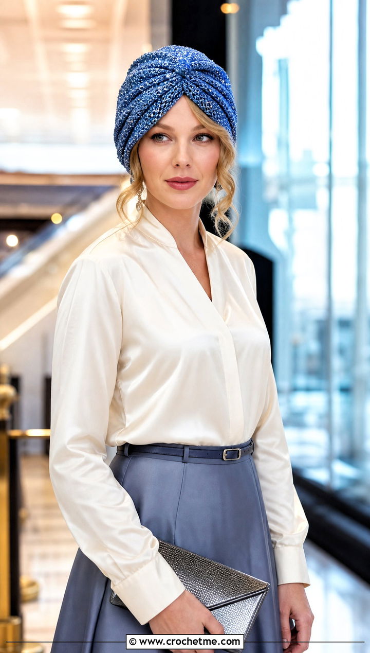 Crochet Turban Hat With Satin Blouse And Midi Skirt - 25 Taylor Swift Crochet Hat outfit ideas