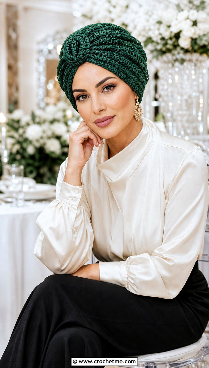 Crochet Turban Hat With Satin Blouse - 35 cute crochet hat outfit ideas