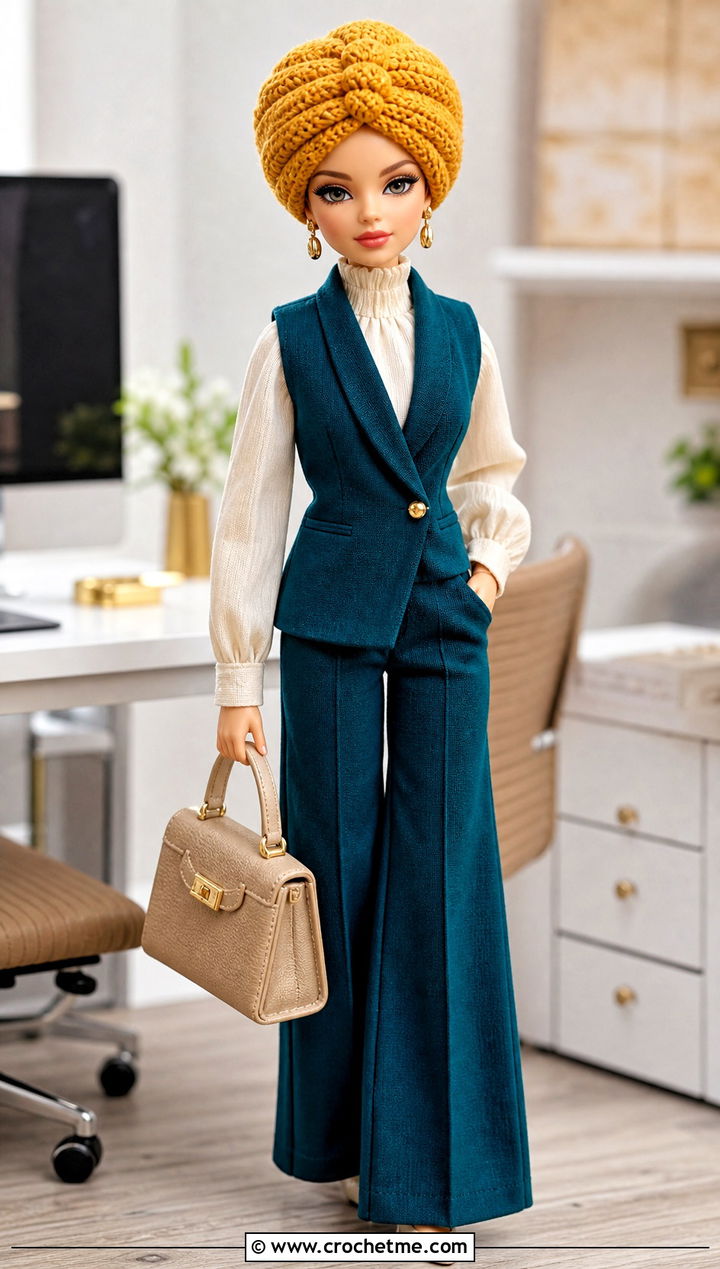 Crochet Turban Hat With Tailored Vest And Wide Leg Trousers - 35 crochet hat for doll outfit ideas