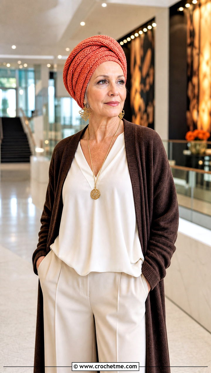 Crochet Turban Hat With Wide Leg Pants - 25 Crochet Hat For Grandma outfit ideas