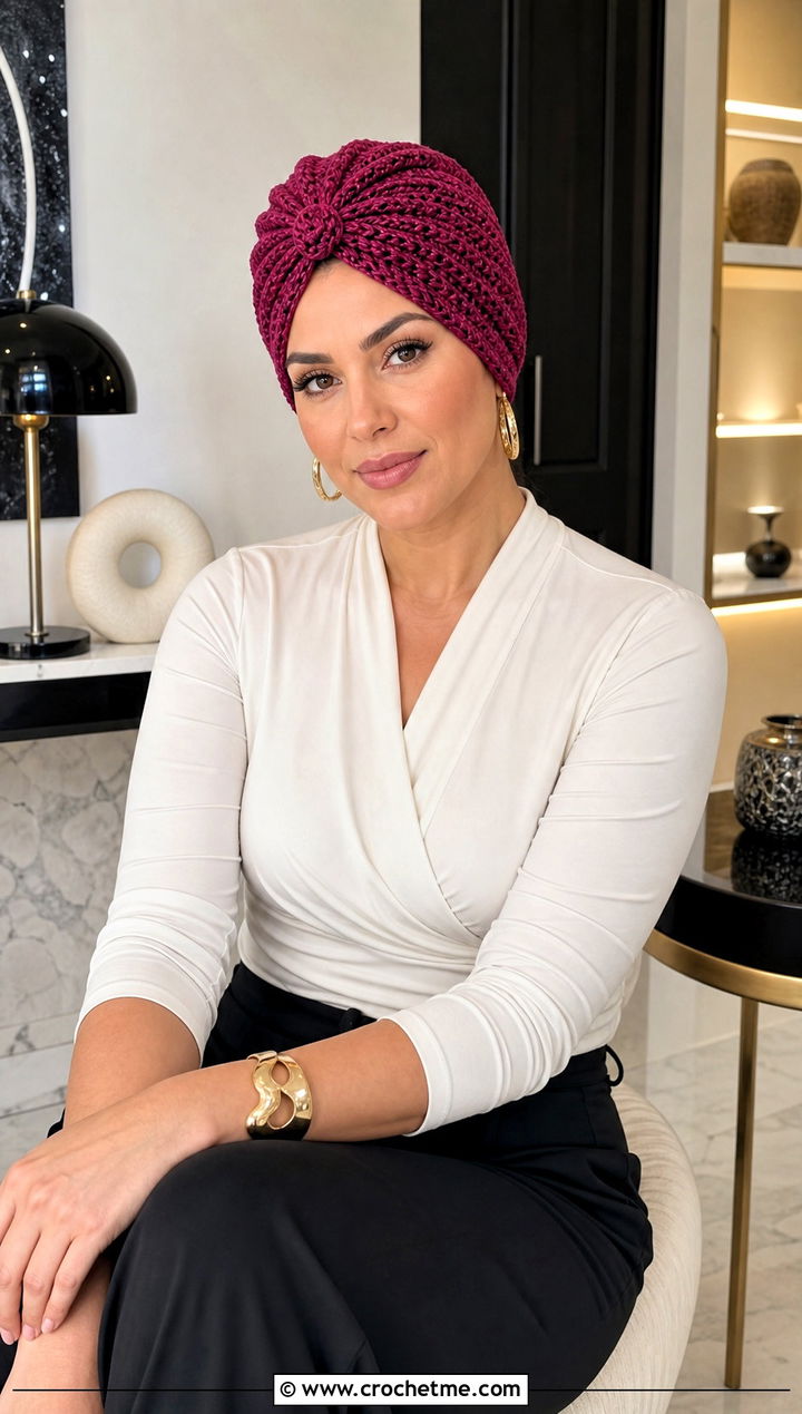 Crochet Turban Hat With Wrap Top And Palazzo Pants - 35 women crochet hat outfit ideas