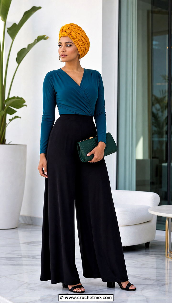 Crochet Turban Hat With Wrap Top And Palazzo Pants - 35 quick crochet hat outfit ideas