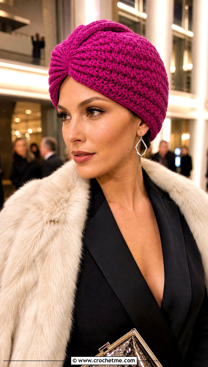 Crochet Turban Woolly Hat With Faux Fur Coat And Jumpsuit - 15 Crochet Woolly Hat outfit ideas