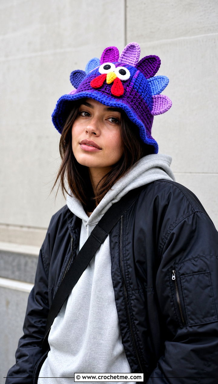 Crochet Turkey Bucket Hat With Streetwear Layers - 15 Crochet Thanksgiving Hat outfit ideas