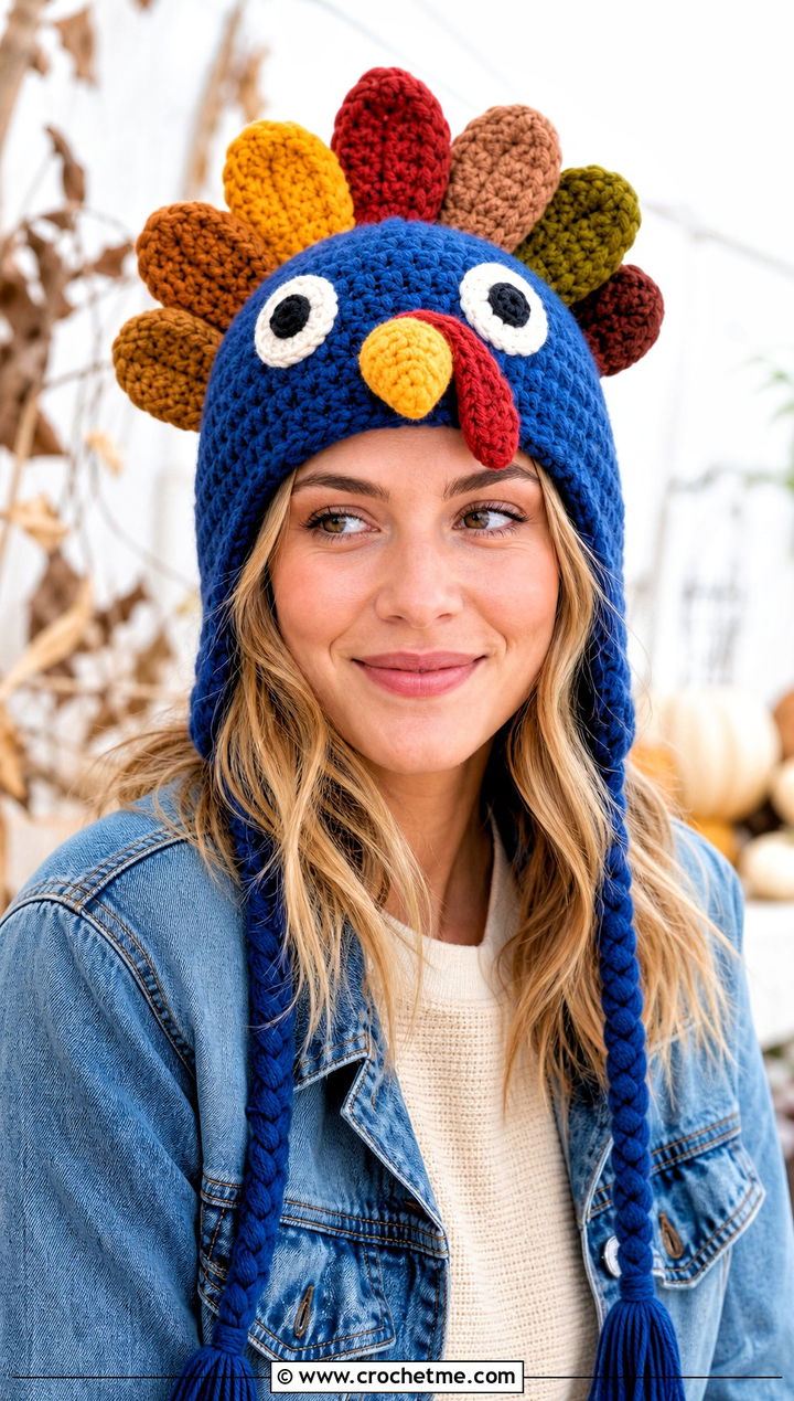 Crochet Turkey Earflap Hat With Denim Jacket - 15 Crochet Thanksgiving Hat outfit ideas