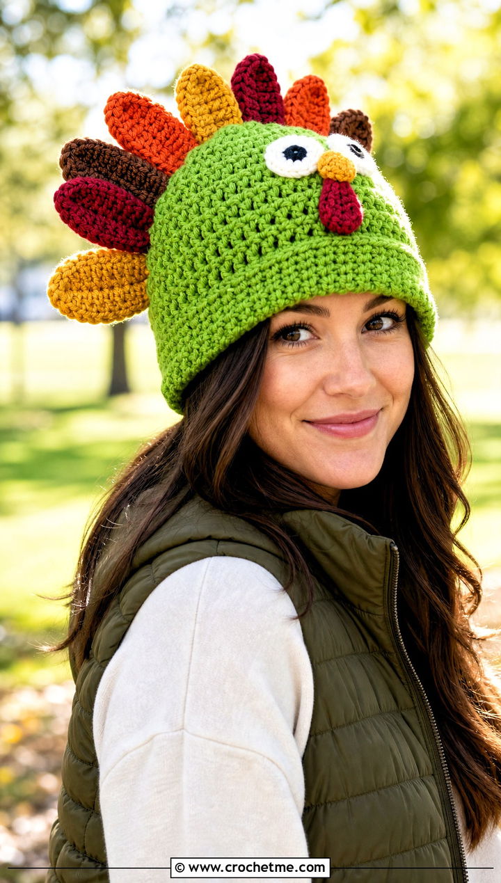 Crochet Turkey Feather Pom Pom Hat With Puffer Vest - 15 Crochet Thanksgiving Hat outfit ideas