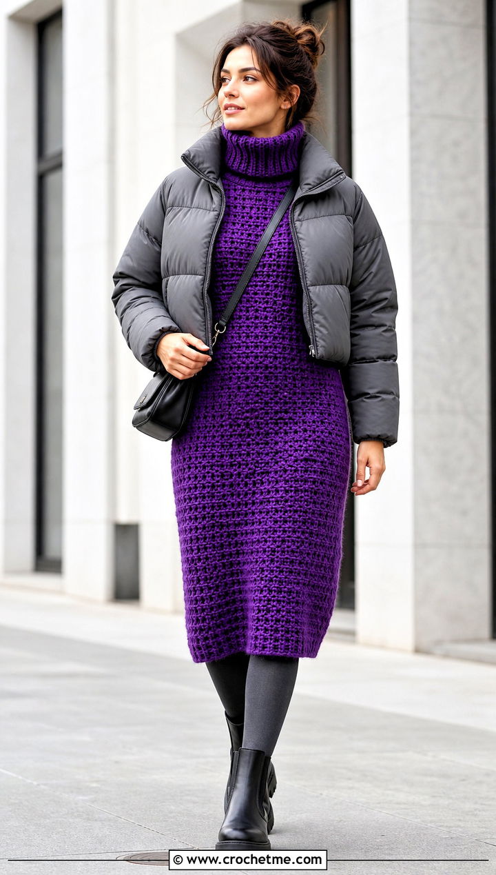 Crochet Turtleneck Dress With Chelsea Boots - 30 crochet dress for winter outfit ideas