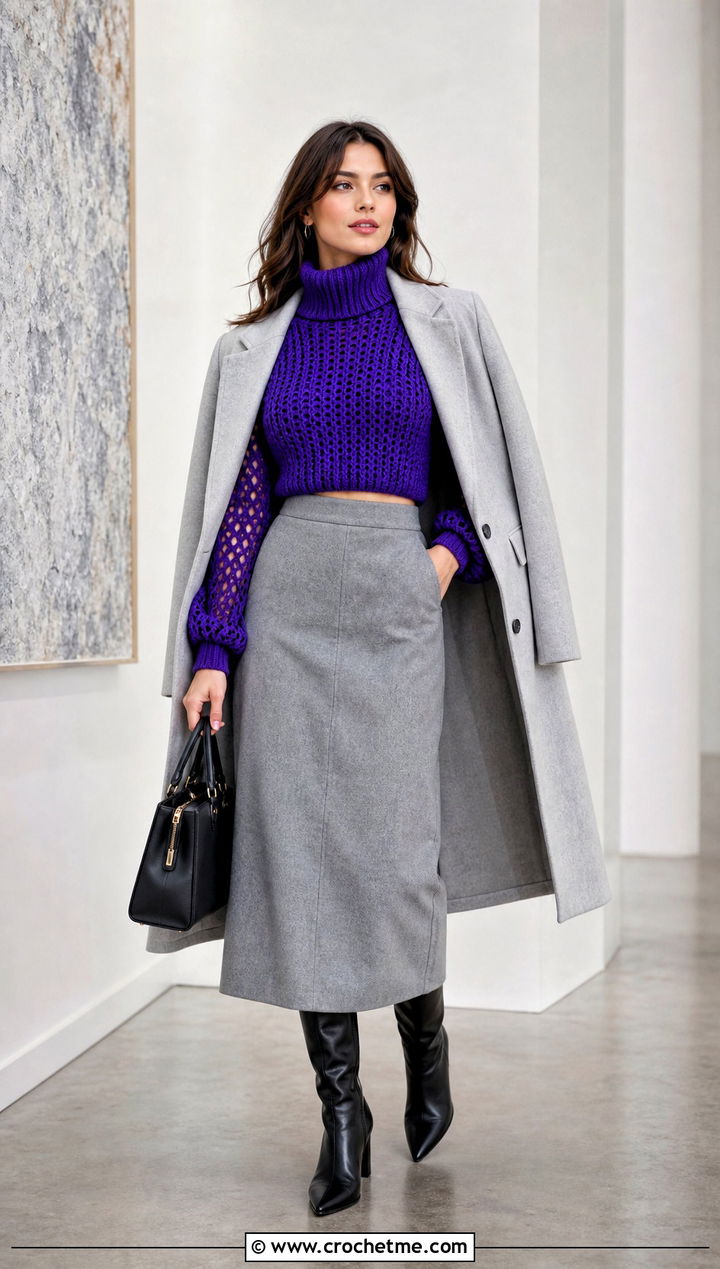 Crochet Turtleneck Half Top With A Wool Skirt - 35 crochet half top outfit ideas