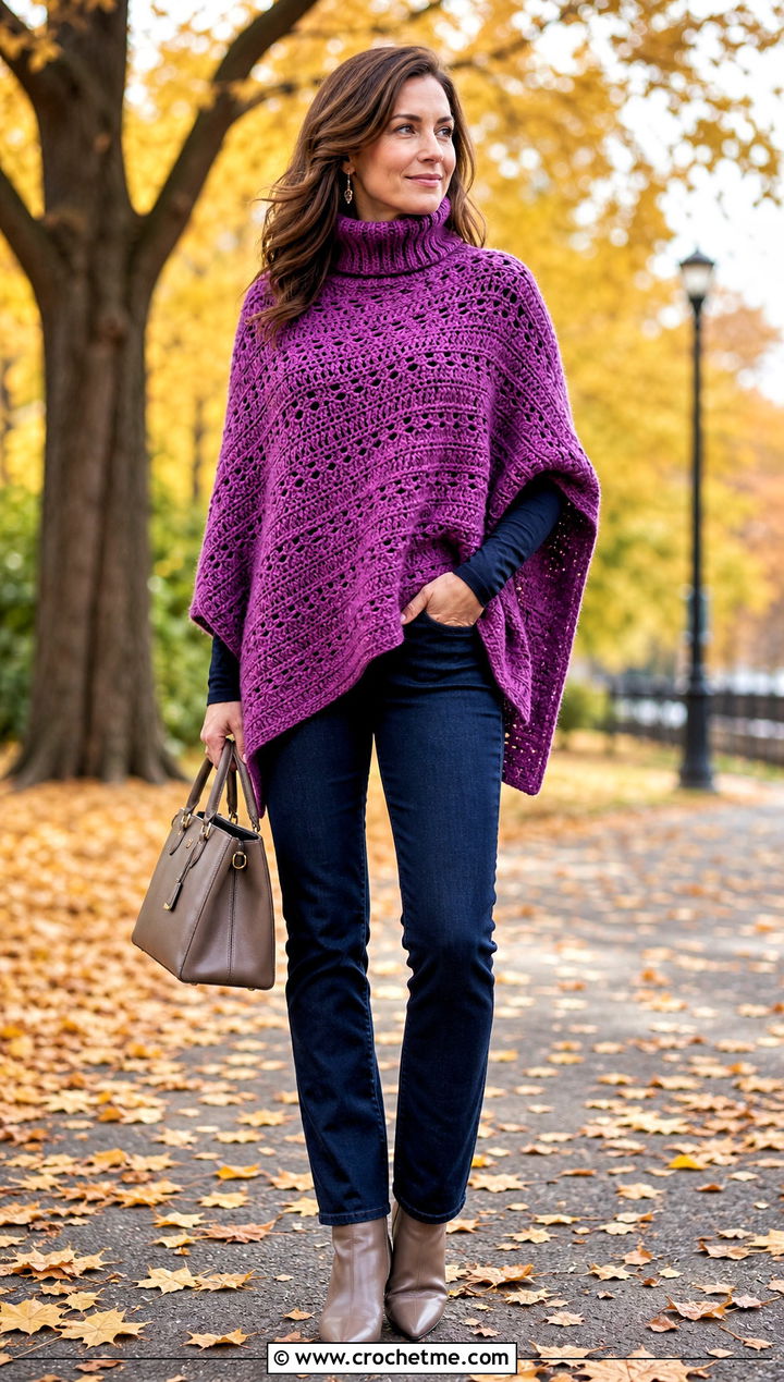 Crochet Turtleneck Poncho Sweater With Slim Jeans - 30 crochet turtleneck sweater outfit ideas