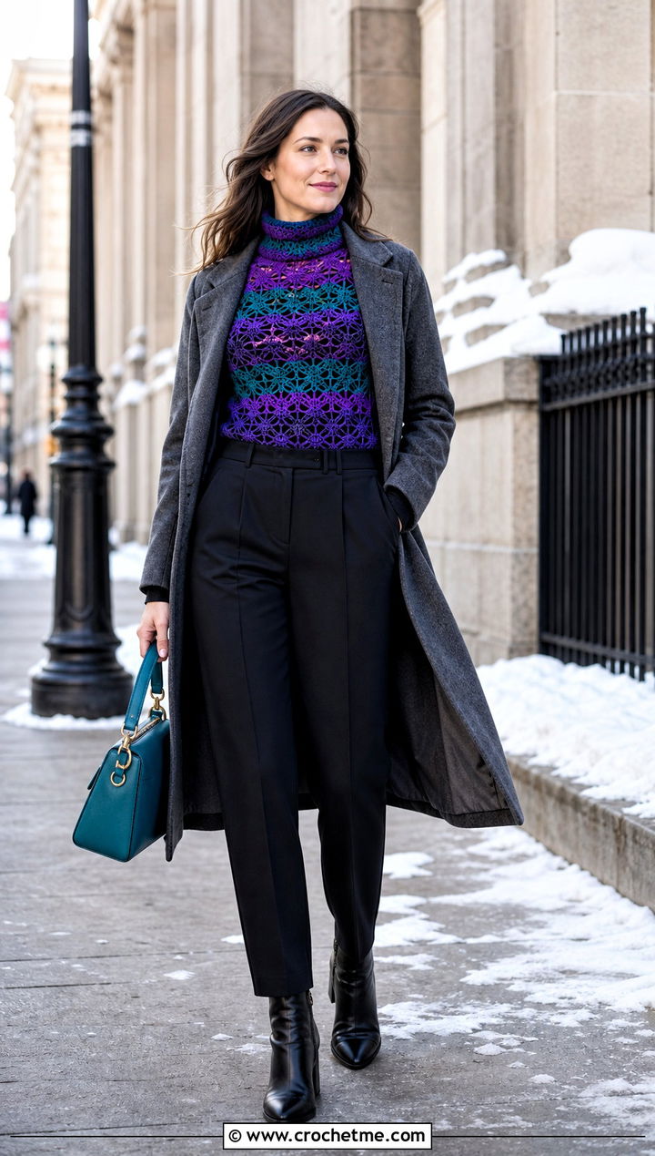 Crochet Turtleneck Shell With Coat And Trousers - 30 two colour crochet top outfit ideas