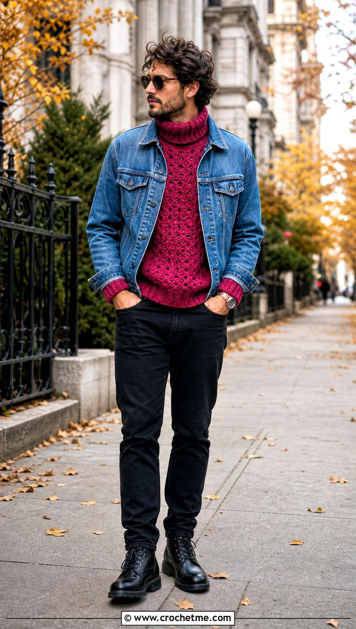 Crochet Turtleneck Sweater With Denim Jacket - 35 crochet man sweaters outfit ideas