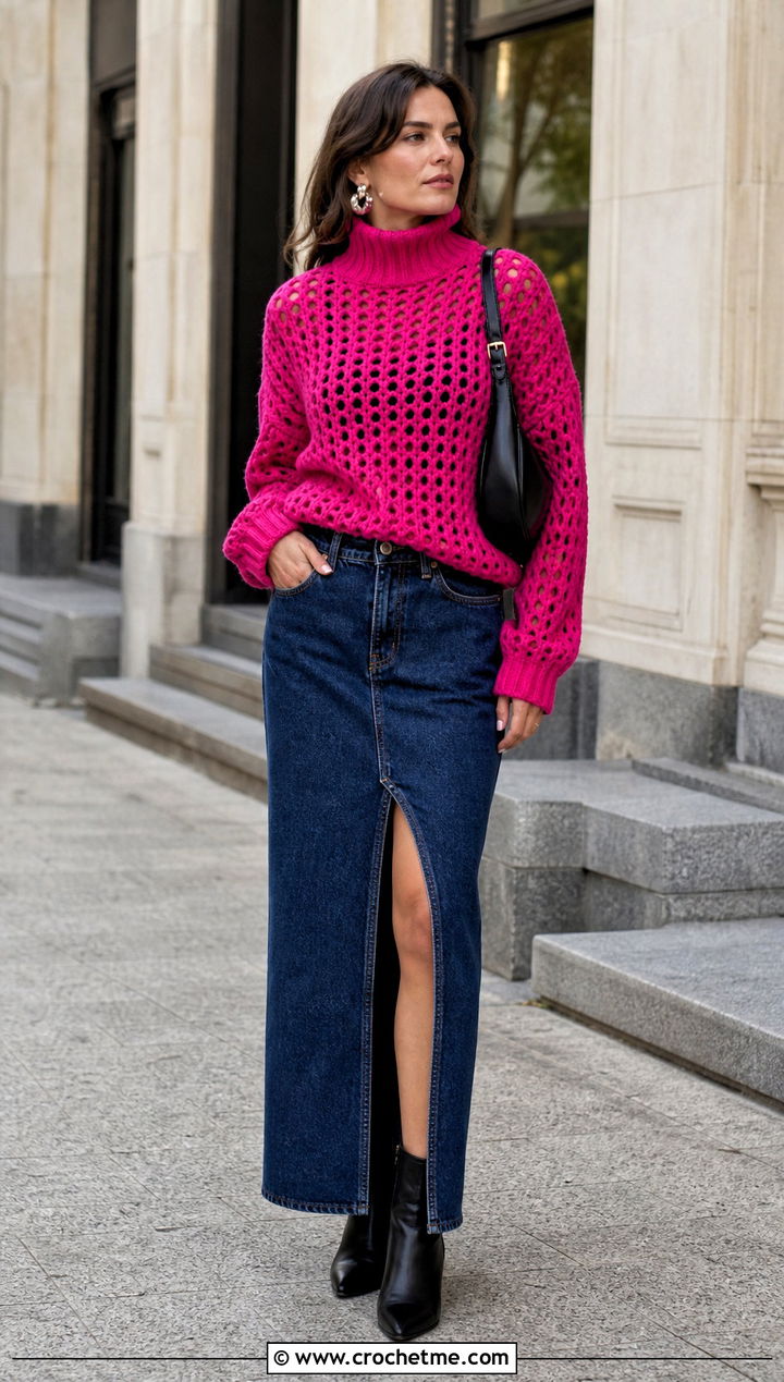 Crochet Turtleneck Sweater With Denim Maxi Skirt - 30 Knit And Crochet Sweater outfit ideas