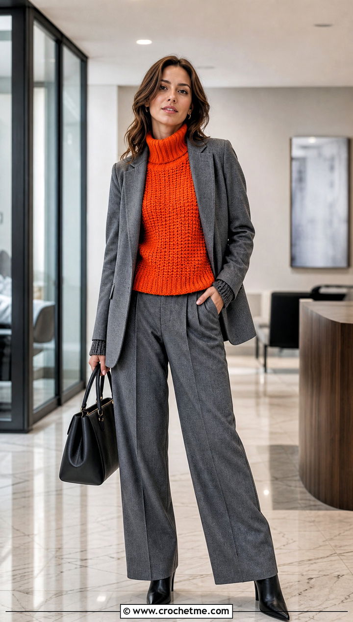 Crochet Turtleneck Sweater With Gray Suit - 15 Orange And Gray Crochet Sweater outfit ideas