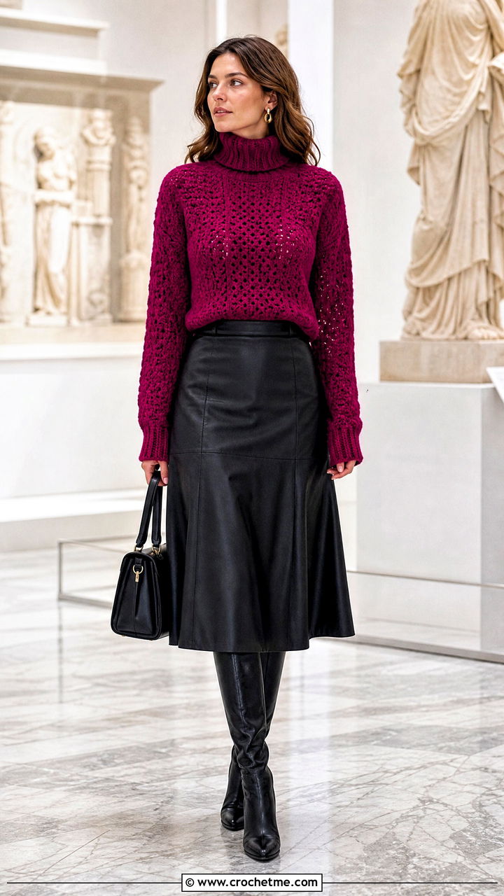 Crochet Turtleneck Sweater With Leather Midi Skirt - 35 crochet sweaters outfit ideas
