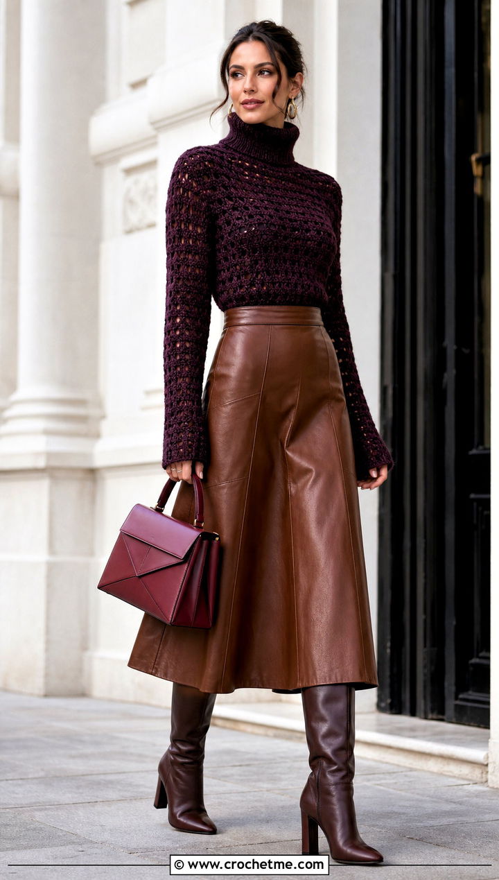 Crochet Turtleneck Sweater With Leather Midi Skirt - 15 crochet sweater collection outfit ideas