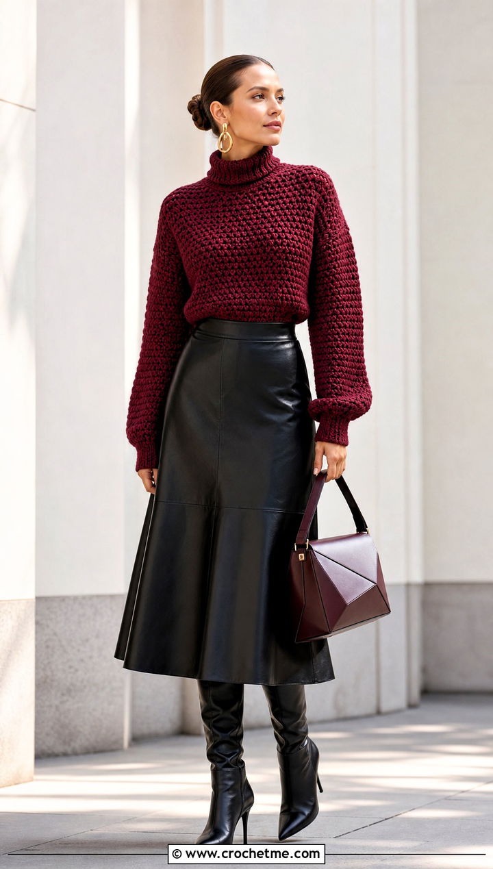 Crochet Turtleneck Sweater With Leather Midi Skirt - 20 Autumn Crochet Sweater outfit ideas
