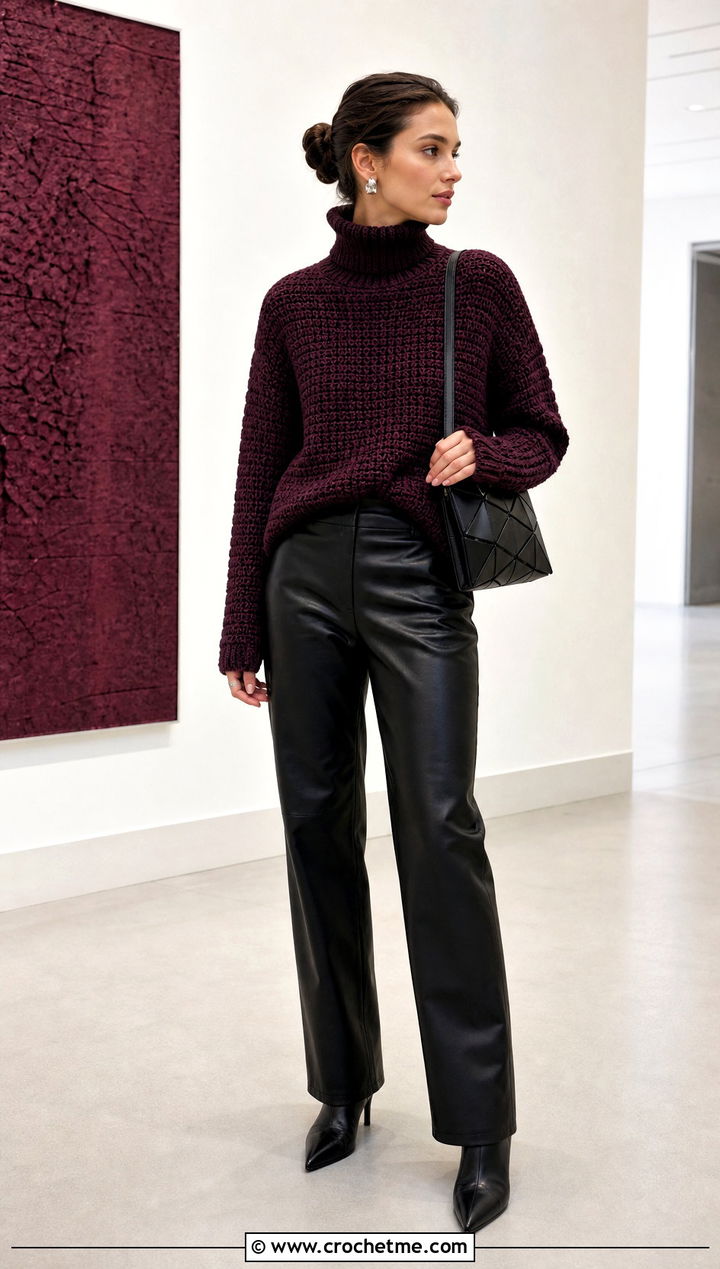Crochet Turtleneck Sweater With Leather Pants - 35 crocheted sweaters outfit ideas