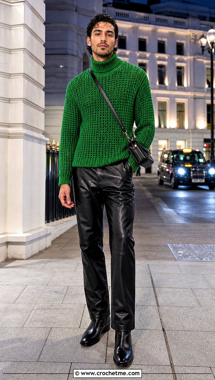 Crochet Turtleneck Sweater With Leather Pants - 30 Easy Crochet Mens Sweater outfit ideas