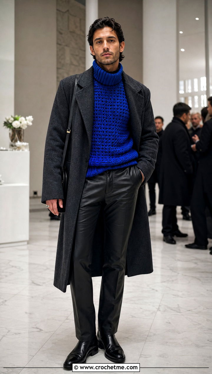 Crochet Turtleneck Sweater With Leather Trousers - 25 Mens Crochet Sweaters outfit ideas