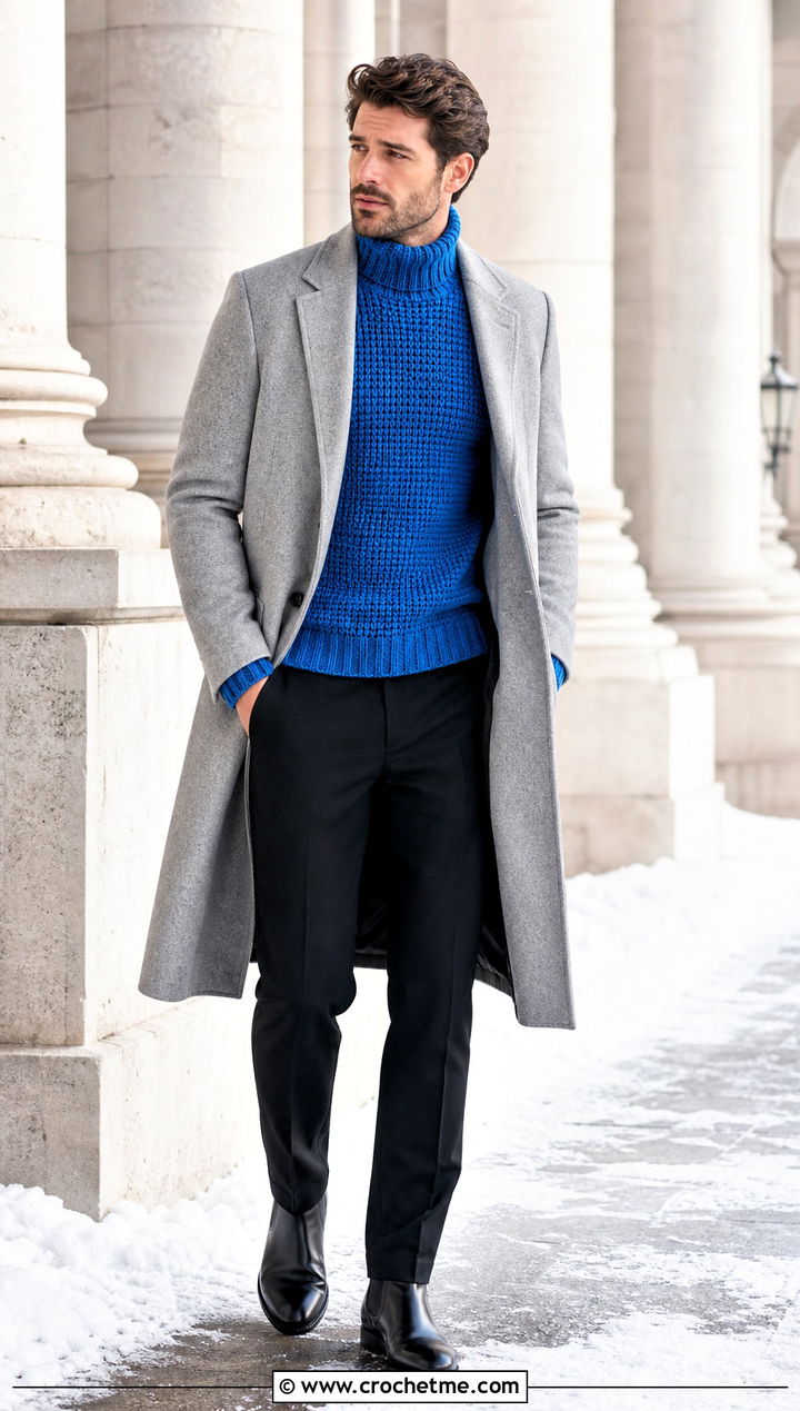 Crochet Turtleneck Sweater With Long Coat - 30 male crochet sweater outfit ideas