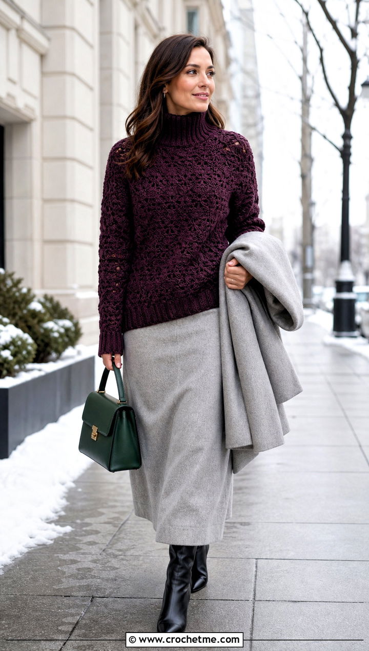 Crochet Turtleneck Sweater With Maxi Skirt And Boots - 15 Crochet Projects Sweaters outfit ideas
