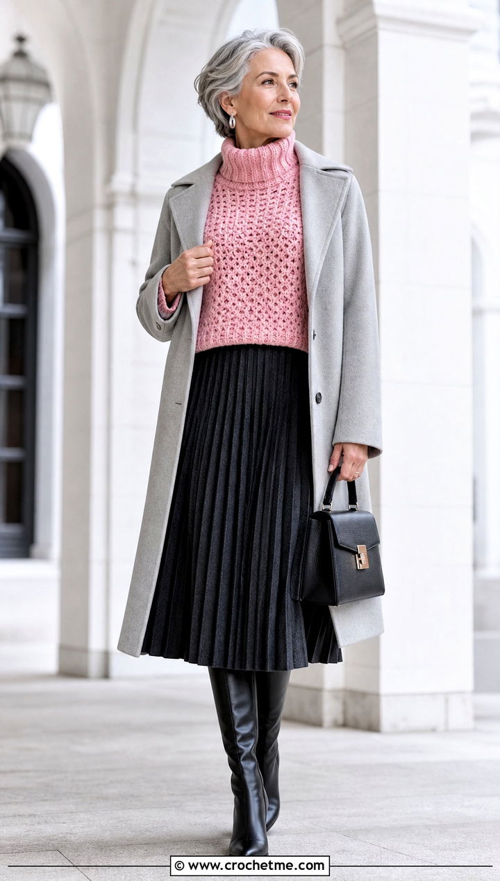 Crochet Turtleneck Sweater With Pleated Midi Skirt - 25 Crochet Quick Sweater outfit ideas