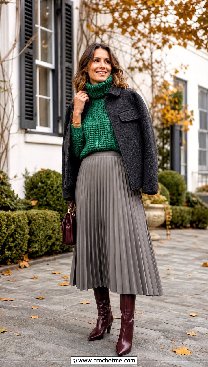 Crochet Turtleneck Sweater With Pleated Midi Skirt - 25 Autumn Crochet Outfit ideas