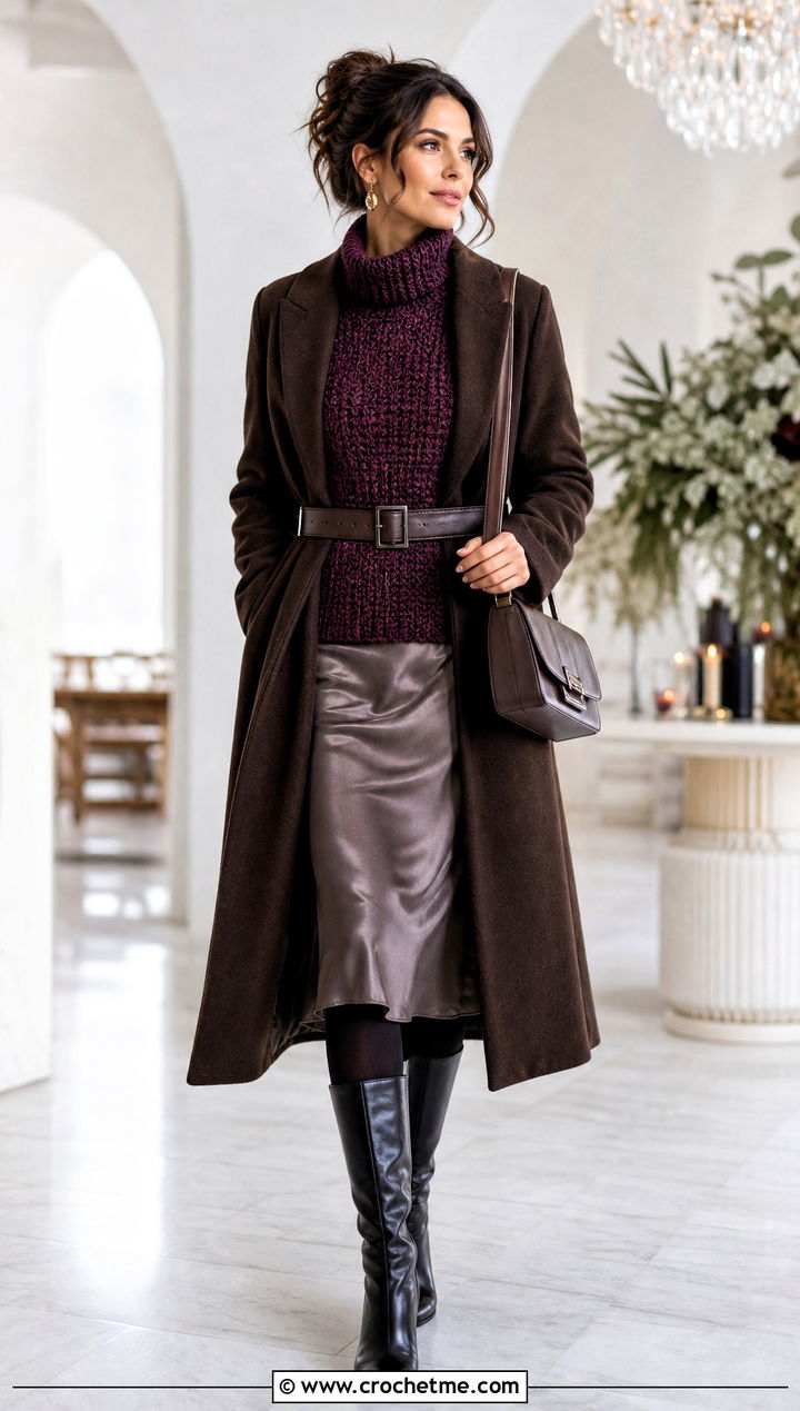 Crochet Turtleneck Sweater With Satin Midi Skirt - 30 crochet winter sweater outfit ideas
