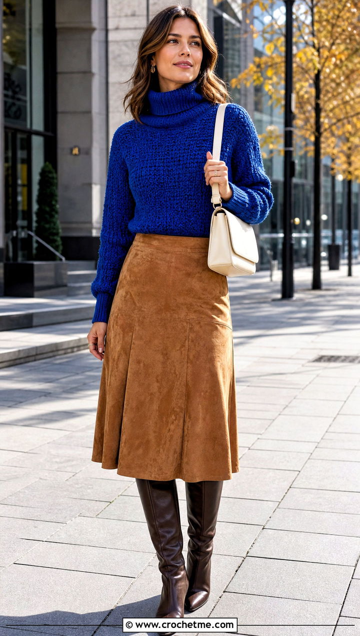 Crochet Turtleneck Sweater With Suede Midi Skirt - 25 Fall Crochet Outfit Ideas
