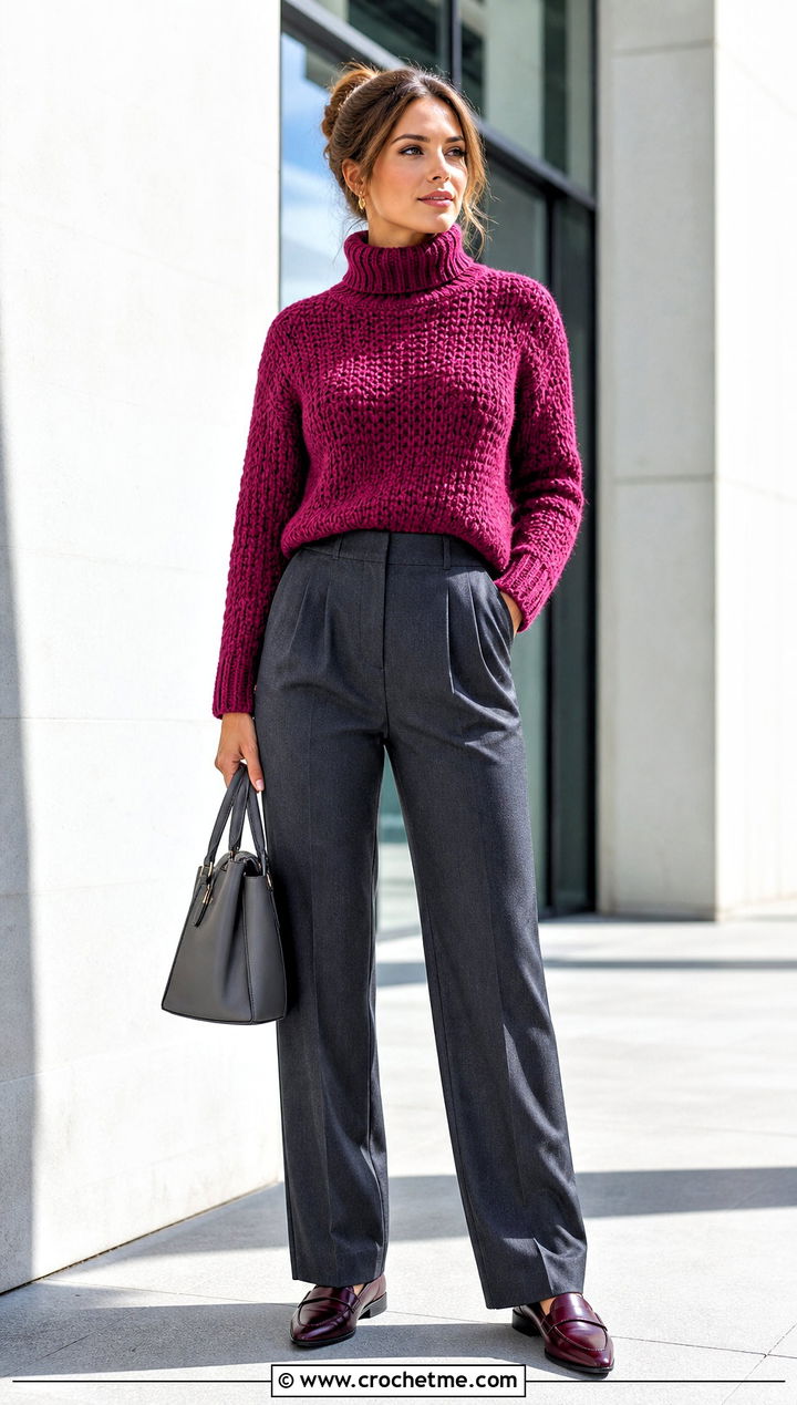 Crochet Turtleneck Sweater With Tailored Trousers - 25 crochet womens clothes and outfit ideas