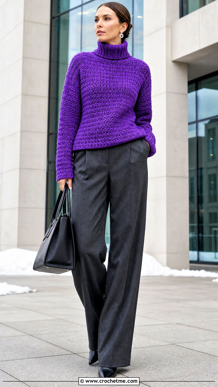 Crochet Turtleneck Sweater With Tailored Trousers - 35 crochet winter clothes and outfit ideas