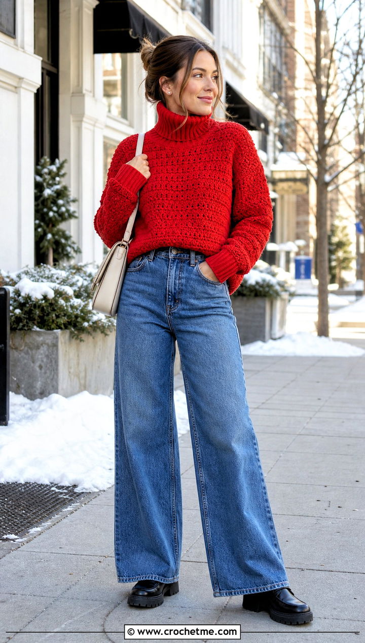 Crochet Turtleneck Sweater With Wide Leg Jeans - 25 Easy Clothes To Crochet For Beginners outfit ideas