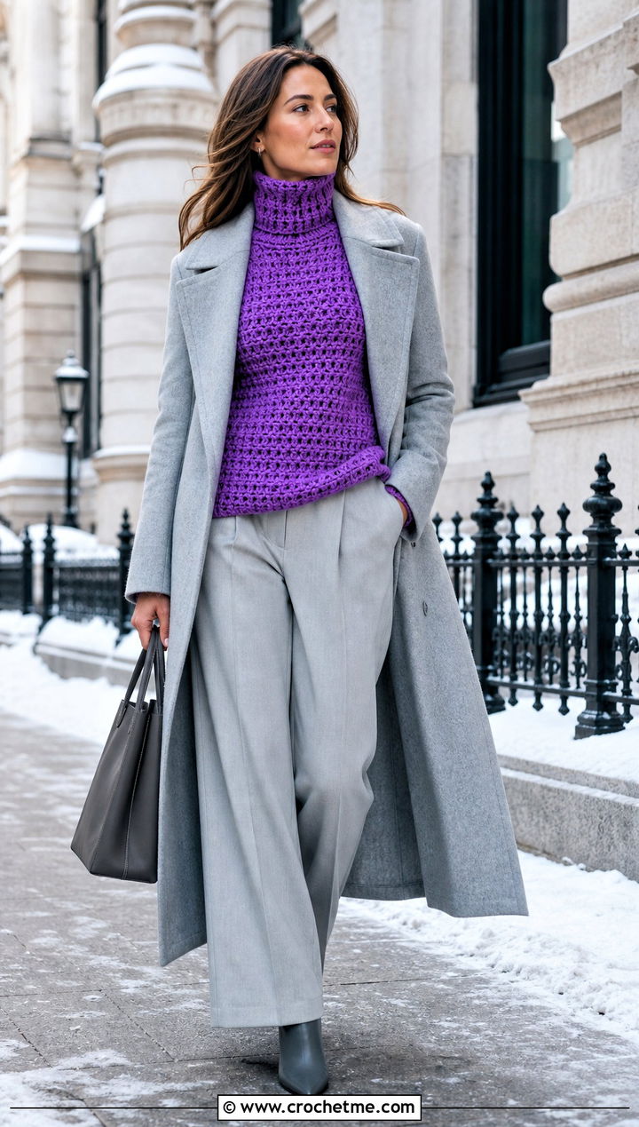 Crochet Turtleneck Sweater With Wide Leg Trousers - 30 crochet clothes outfit ideas