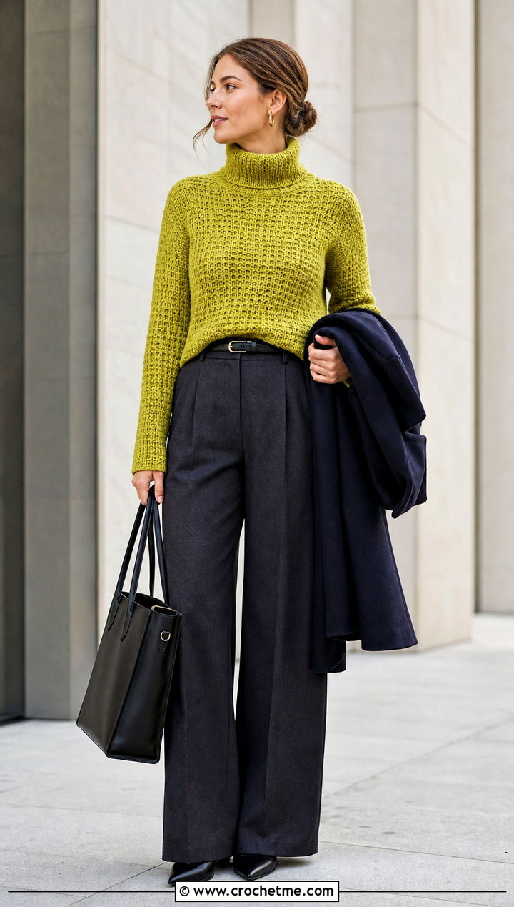 Crochet Turtleneck Sweater With Wide Leg Trousers - 30 crochet clothes for winter outfit ideas