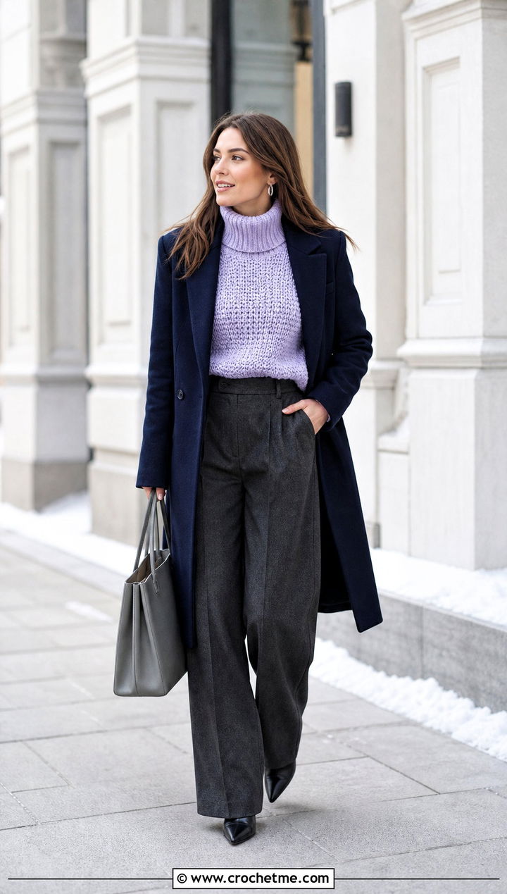 Crochet Turtleneck Sweater With Wide Leg Wool Trousers - 25 trendy crochet clothes and outfit ideas