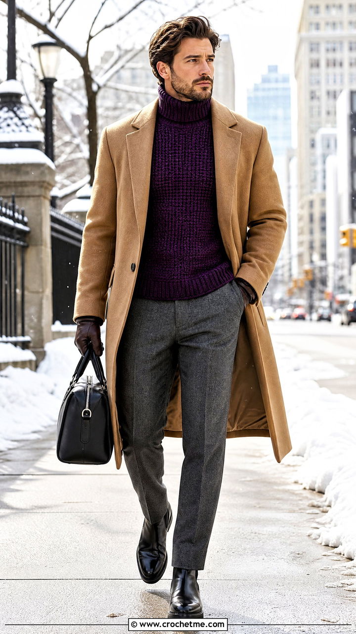 Crochet Turtleneck Sweater With Wool Coat - 35 crochet mens sweater outfit ideas