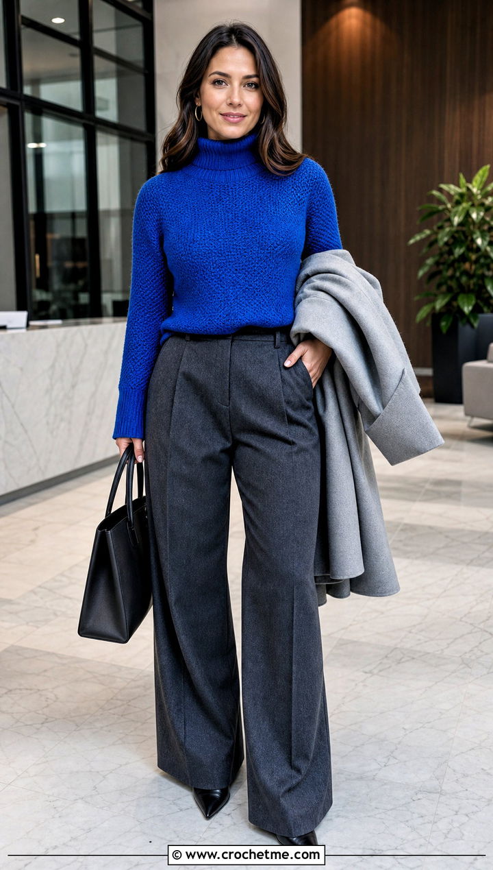 Crochet Turtleneck Sweater With Wool Trousers - 25 winter crochet outfit ideas