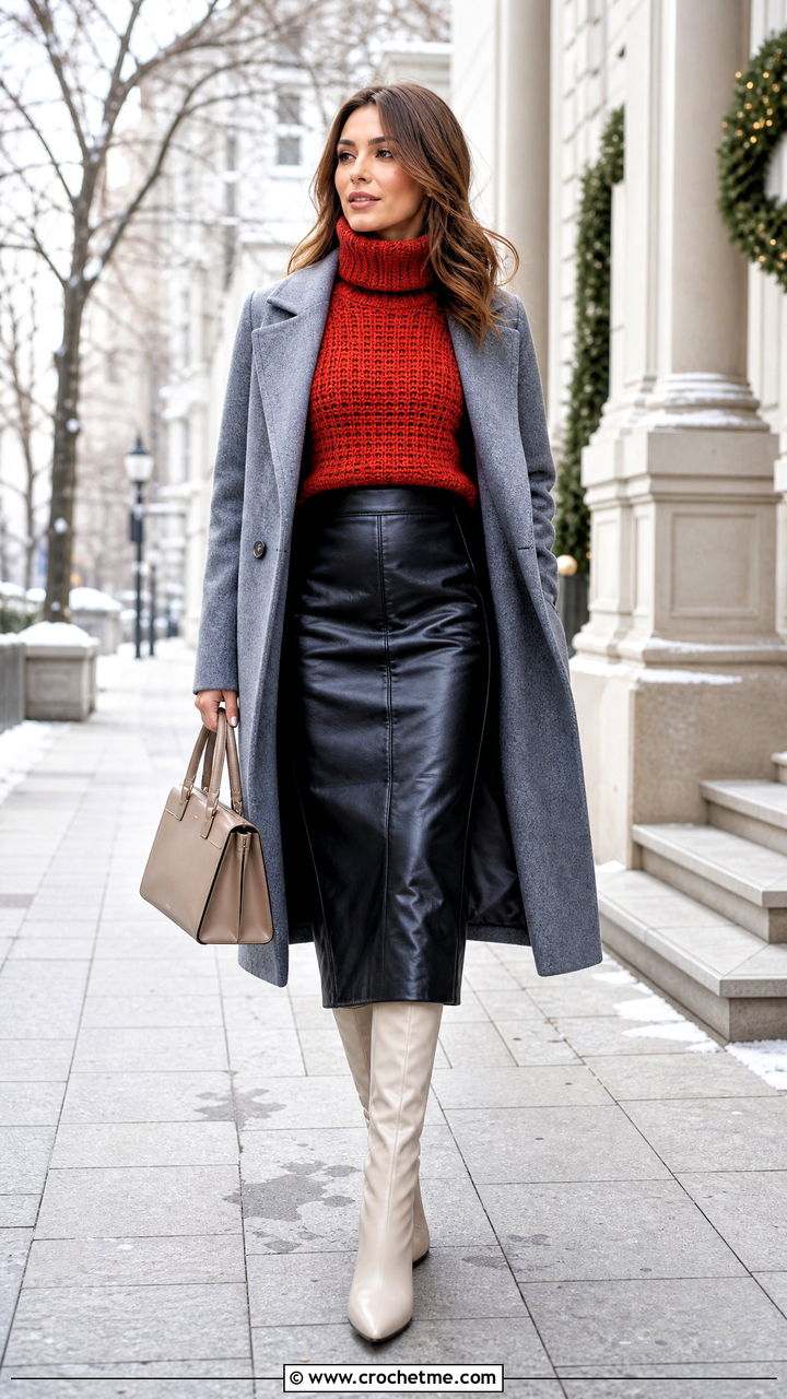 Crochet Turtleneck Top With A Leather Midi Skirt - 35 crochet top designs outfit ideas