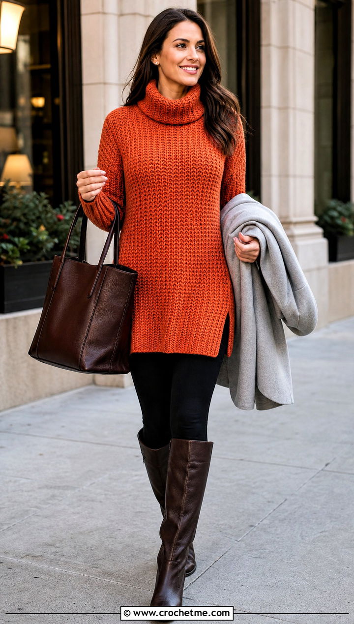 Crochet Turtleneck Tunic Sweater With Leggings - 30 crochet turtleneck sweater outfit ideas