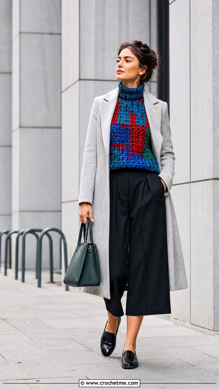 Crochet Turtleneck With Culottes And Loafers - 35 crochet fall clothes and outfit ideas