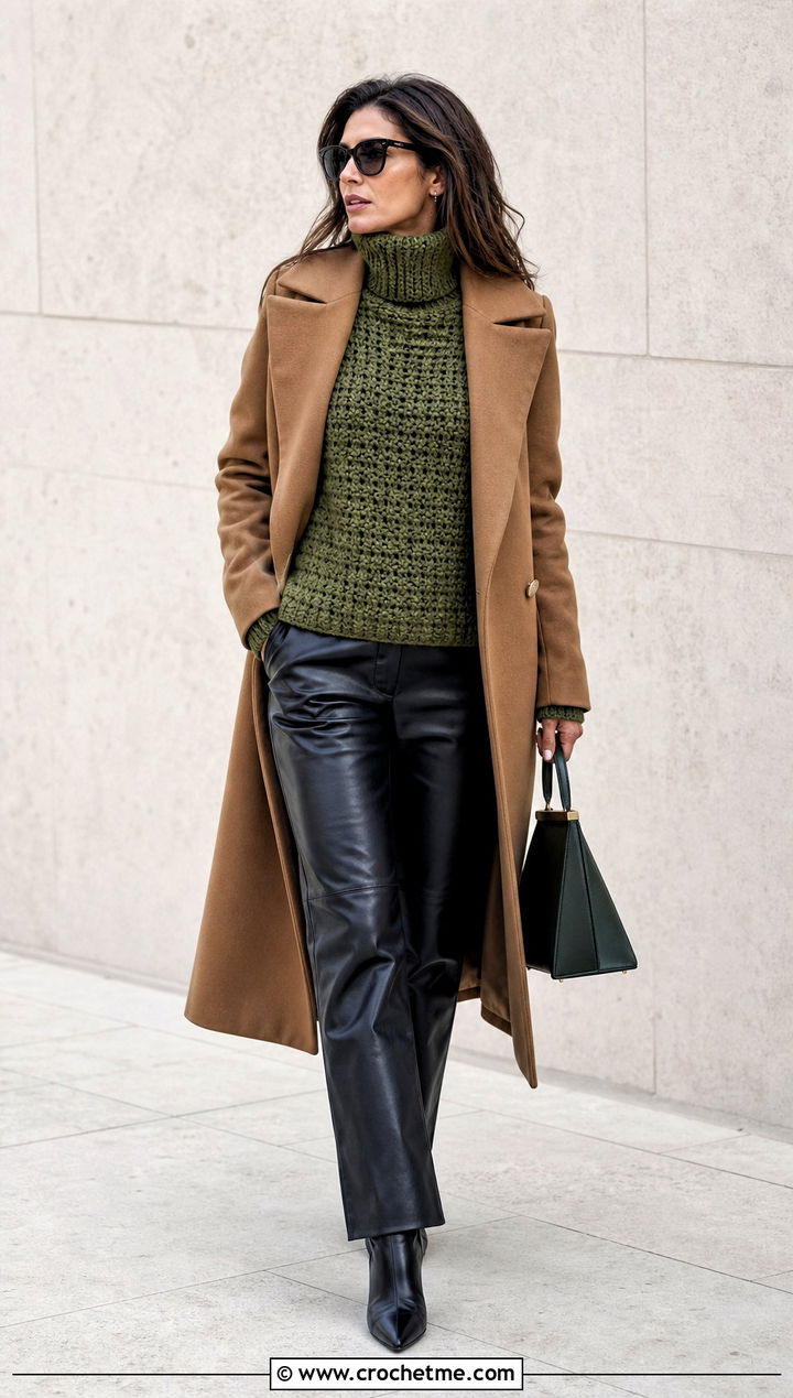 Crochet Turtleneck With Leather Pants - 30 outfits to crochet outfit ideas