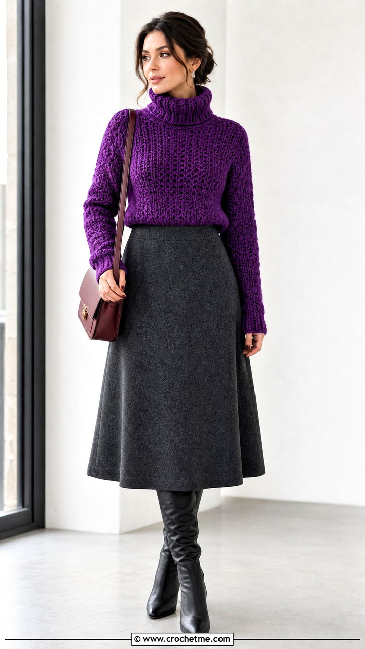 Crochet Turtleneck With Wool Midi Skirt - 35 crochet clothes for women outfit ideas