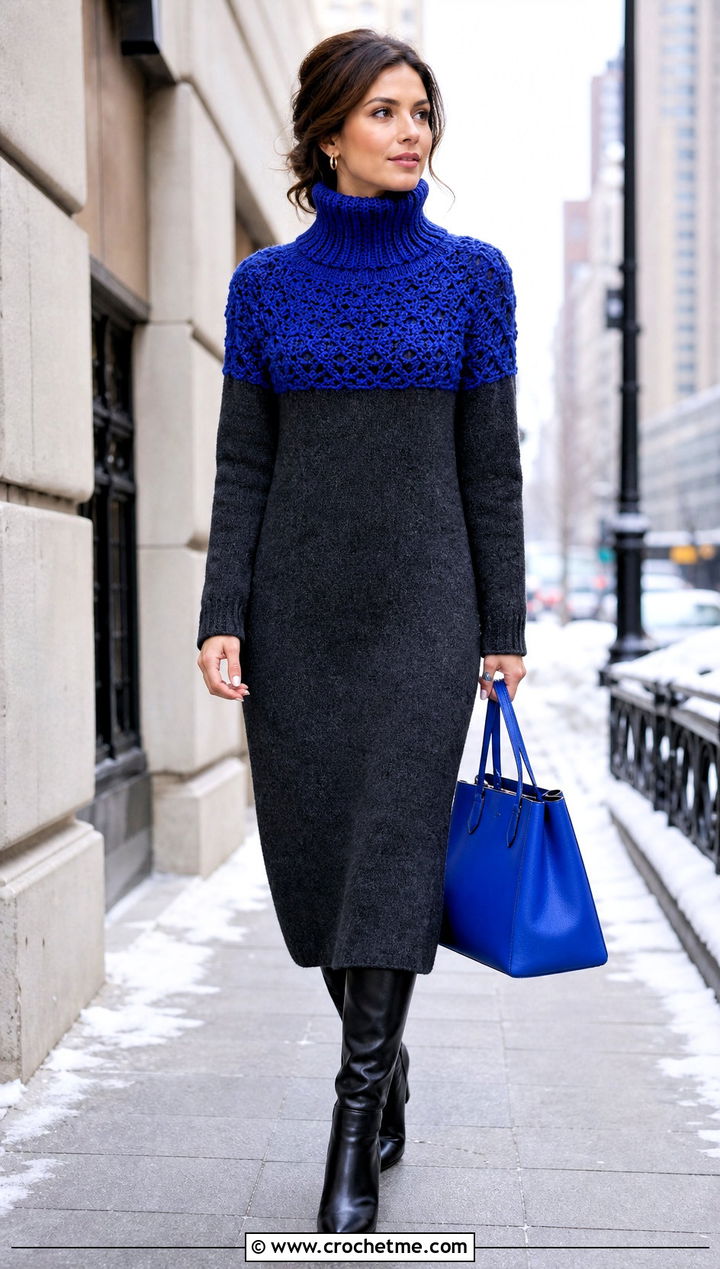 Crochet Turtleneck Wool Dress With Tall Boots - 25 fabric and crochet dress outfit ideas