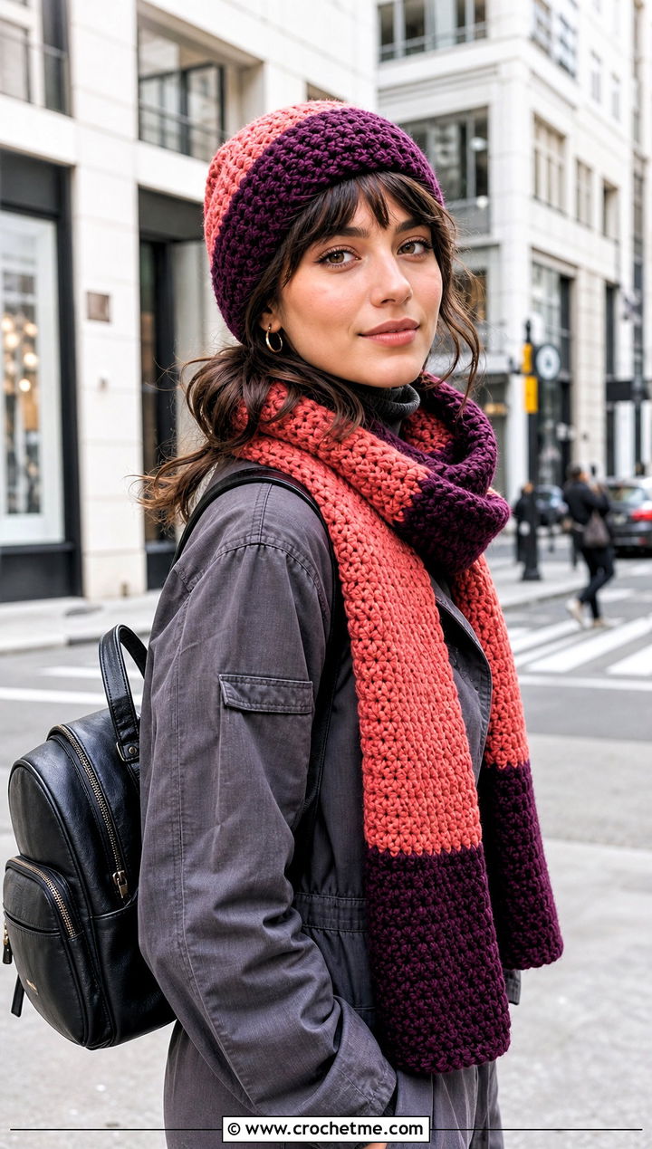 Crochet Two Tone Beanie And Color Block Scarf With Utility Jumpsuit - 15 Easy Crochet Hat And Scarf Set outfit ideas