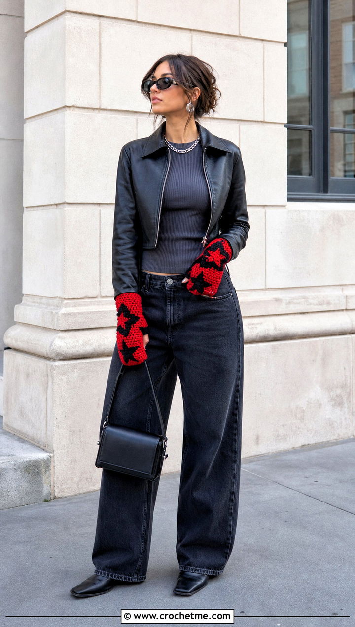Crochet Two Tone Star Gloves With Leather Jacket - 35 crochet star gloves outfit ideas