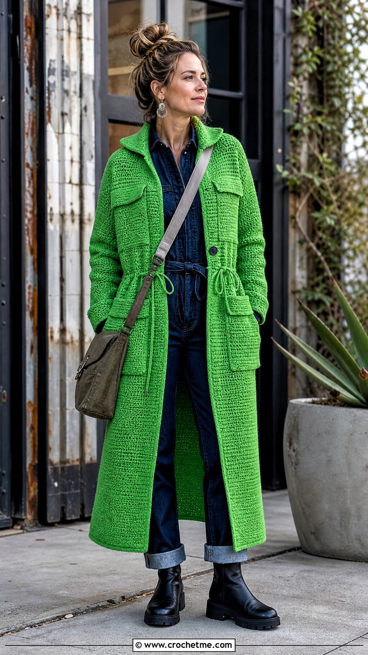 Crochet Utility Coat With Denim Jumpsuit - 35 crochet coats outfit ideas
